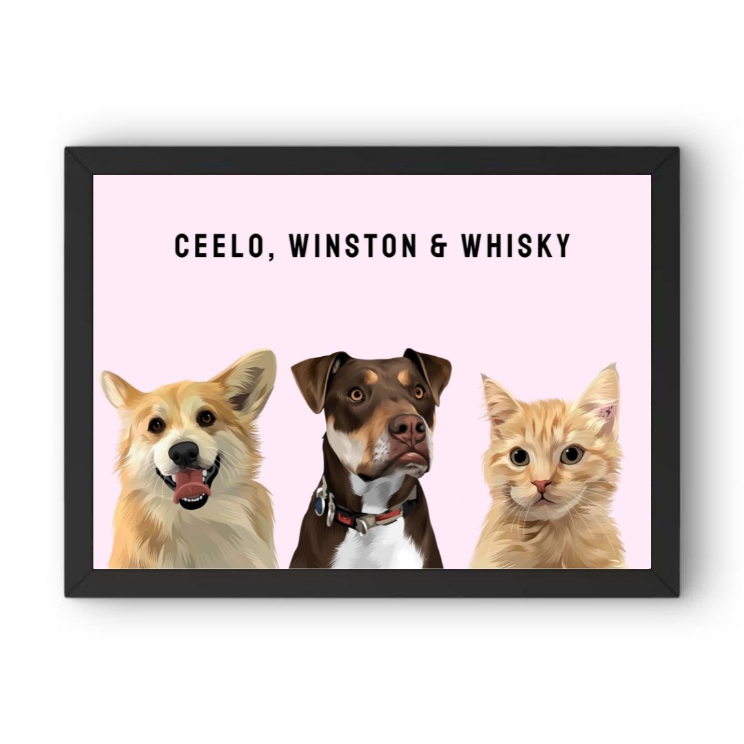 Custom Pet Portrait - Framed Print (THREE PET)